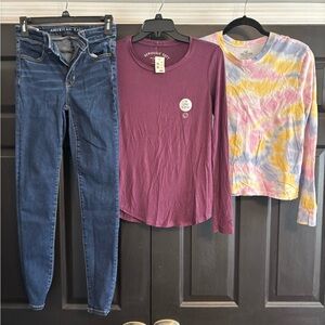 Lot of 3 American Eagle Jeans and Hollister Tie-Dye LS tee, Aero LS tee